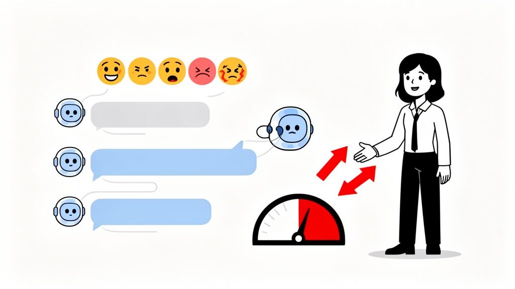 User sentiment in a chatbot leading to a human agent handoff indicated by emojis and a gauge.