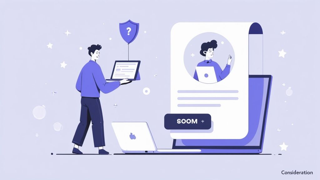 Illustration of a man interacting with laptops, an online profile, and a security shield icon.