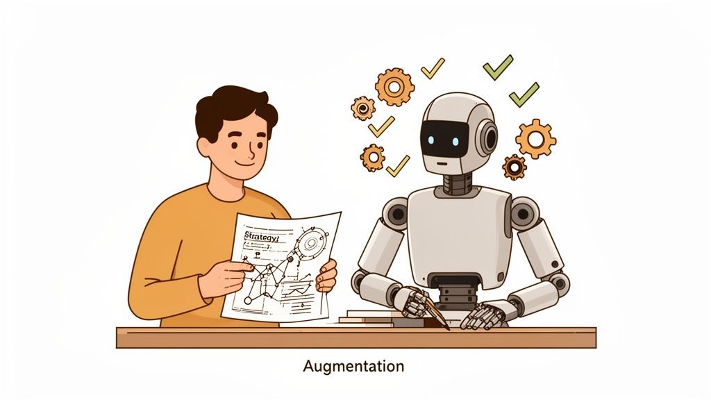 A man and a robot collaborate on a strategy document, symbolizing augmented intelligence and efficient work.