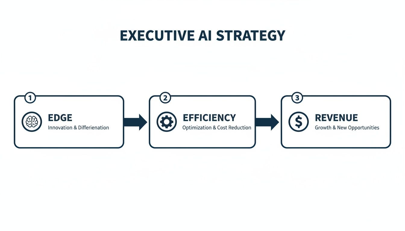A three-step executive AI strategy flow: Edge (innovation), Efficiency (optimization), and Revenue (growth).