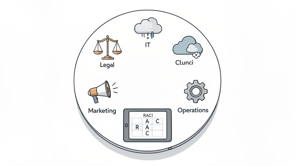 Diagram showing enterprise departments like Legal, IT, Clunci, Marketing, Operations, and a RACI matrix.