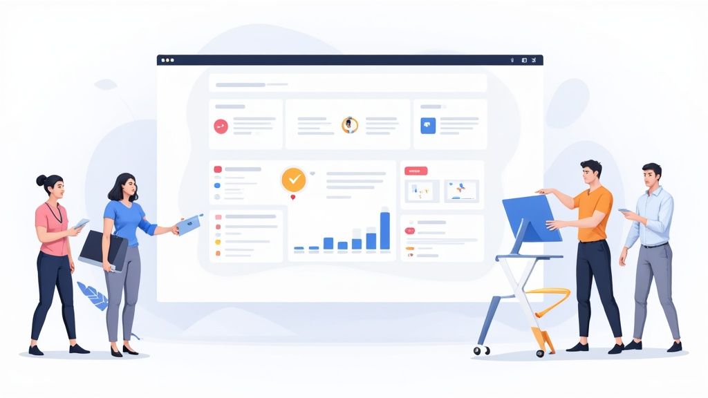 An illustration showing a focused team collaborating on a small-scale project with data charts and graphs in the background, representing an AI pilot program.