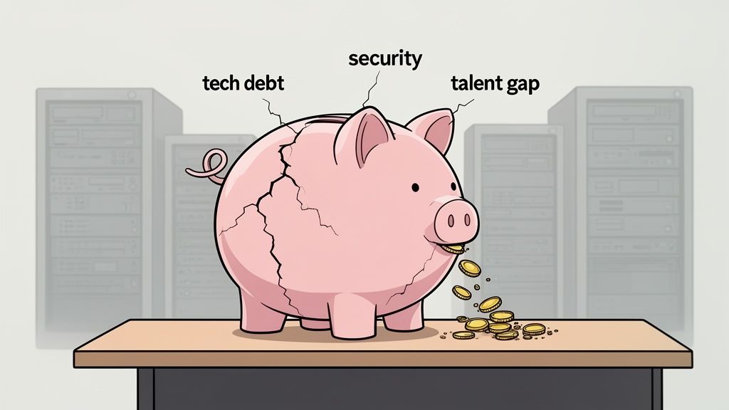 A cracked piggy bank labeled 'tech debt', 'security', 'talent gap' spills coins, symbolizing IT cost issues.