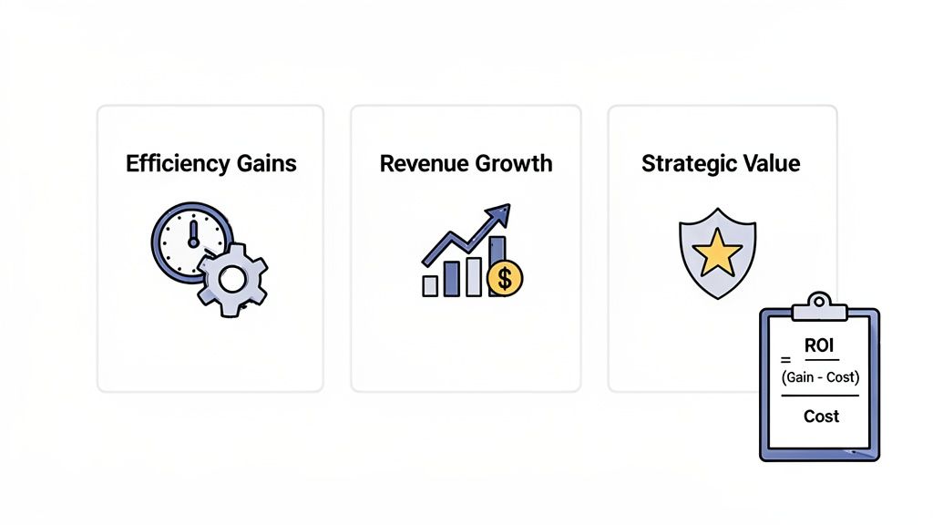 Three cards illustrating efficiency gains, revenue growth, and strategic value, alongside an ROI formula.
