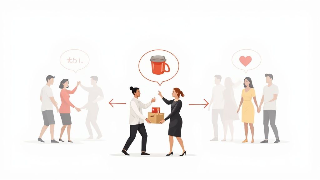 Illustration of a marketing funnel showing customer interactions, product exchange, and emotional connections.