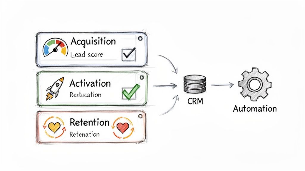 Diagram showing customer lifecycle stages: Acquisition, Activation, and Retention, flowing into CRM and Automation.