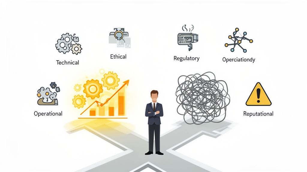 A businessman at a crossroads, considering various risks including technical, ethical, regulatory, and reputational.