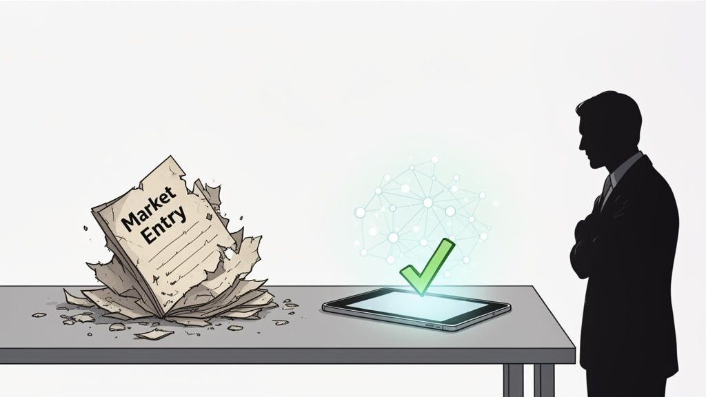 Businessman observes a tablet with a glowing checkmark, contrasting with a pile of crumpled 'Market Entry' documents.