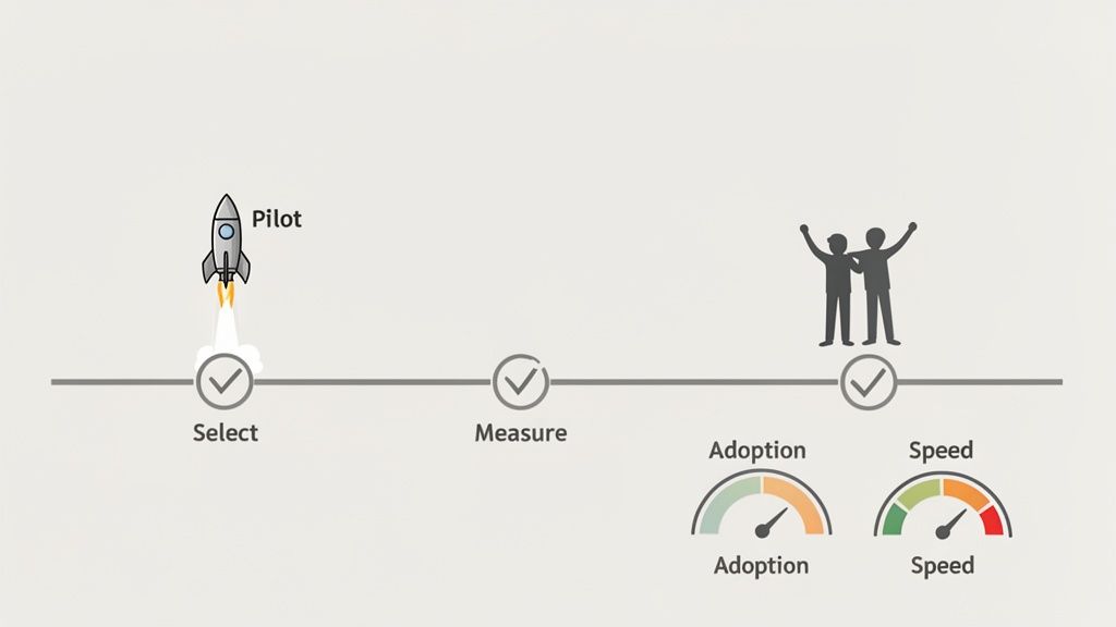 Process timeline showing a pilot program launch, measurement, and gauges for adoption and speed metrics.