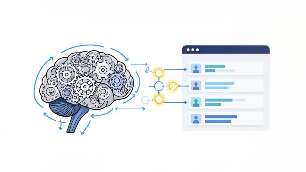 Illustration of a brain with gears, symbolizing AI processing, connected to user profiles on a digital interface.