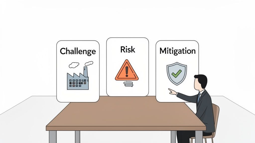 A businessman analyzes three cards: 'Challenge' (factory), 'Risk' (warning sign), and 'Mitigation' (shield).
