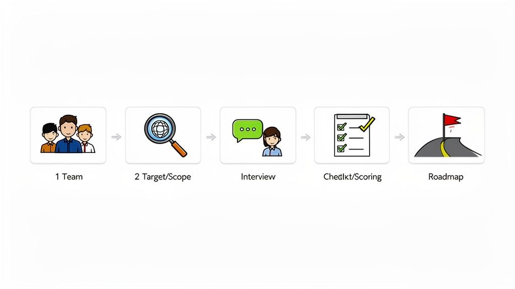 A five-step process diagram showing Team, Target/Scope, Interview, Checklist/Scoring, and Roadmap.