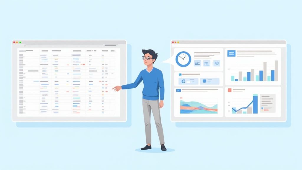 A man explains sales performance data displayed on a spreadsheet and a detailed metrics dashboard.