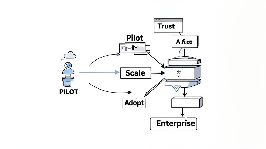 Diagram illustrating a multi-stage process from pilot to enterprise adoption, involving scaling, trust, and AI.