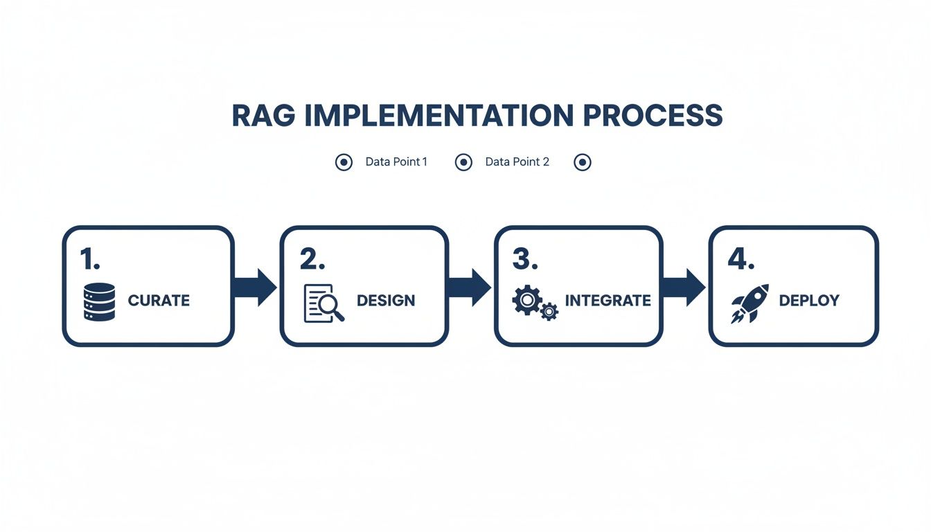 Diagram showing the RAG implementation process in four steps: Curate, Design, Integrate, Deploy.