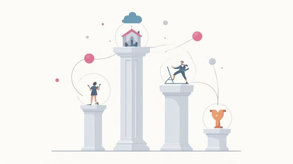 Four diverse professionals collaborating around a digital interface, symbolizing the core components of a strategy