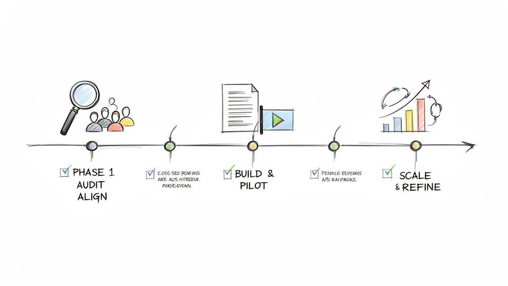A hand-drawn timeline illustrates a five-step revenue enablement process: audit, build, and scale.