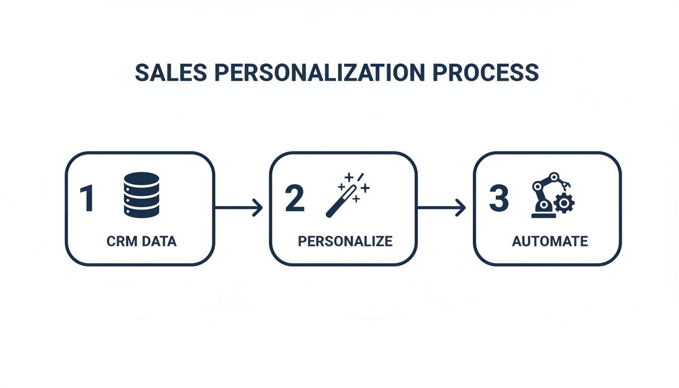 A diagram outlining the sales personalization process in three steps: CRM data, personalize, and automate.