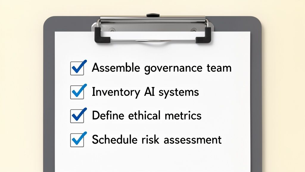 A clipboard displays a completed checklist for AI ethics, including governance, inventory, metrics, and risk assessment.