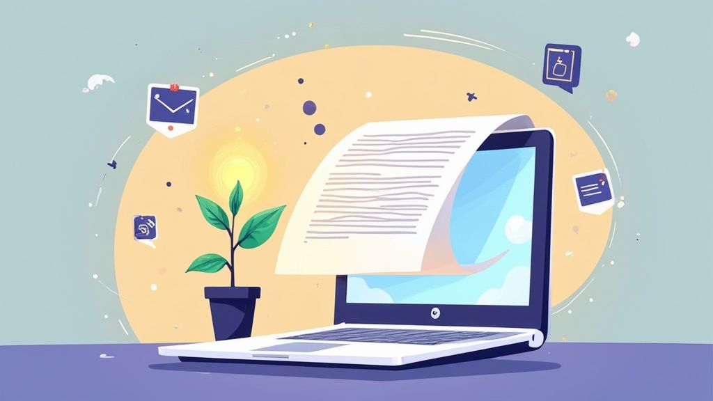 A cartoon illustration showing a laptop, plant, and documents, symbolizing digital content creation and growth.