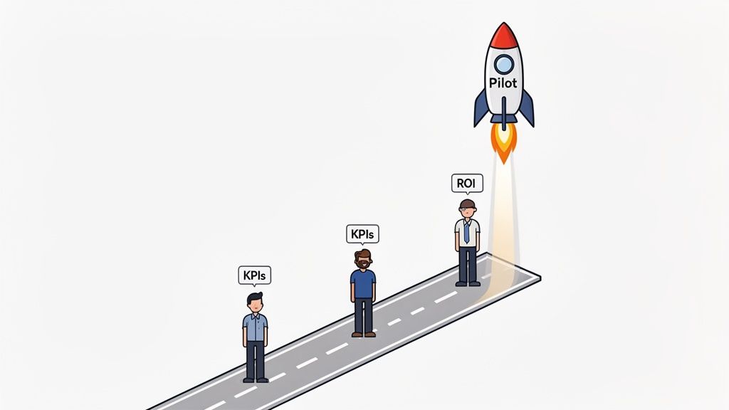 Three individuals on an upward road, measuring KPIs, leading to a rocket launch labeled 'Pilot' and 'ROI'.