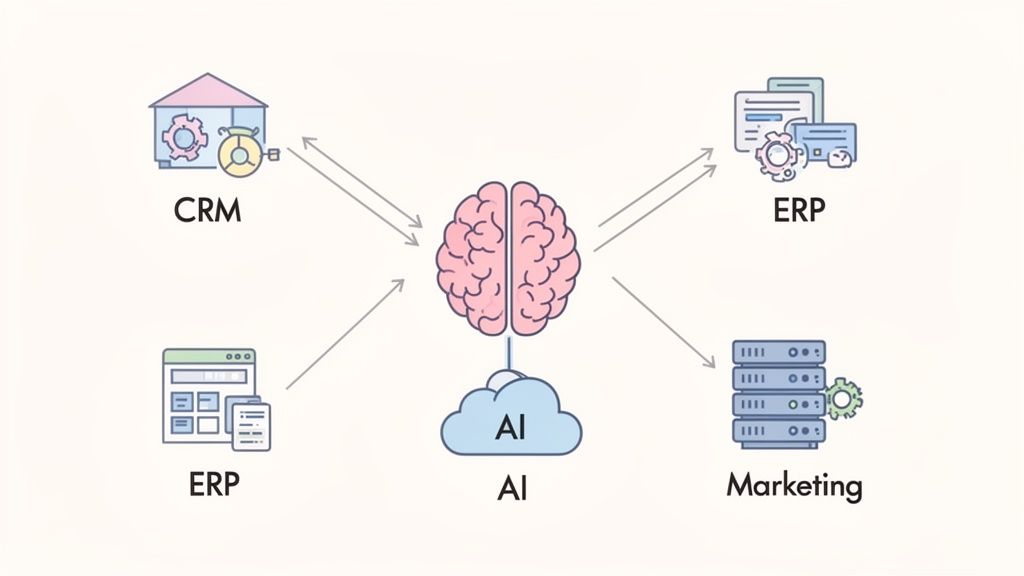 Diagram showing AI's central role in integrating CRM, ERP, and Marketing systems for enterprise operations.