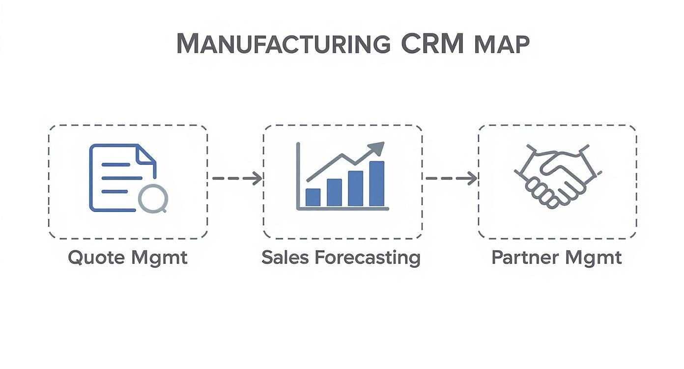 Manufacturing CRM map showing workflow from quote management to sales forecasting to partner management