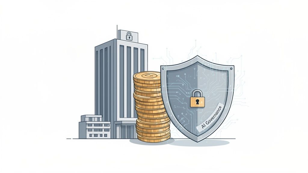 An illustration showing a corporate building, stacked gold coins, and a shield with 'AI Governance' and a lock.