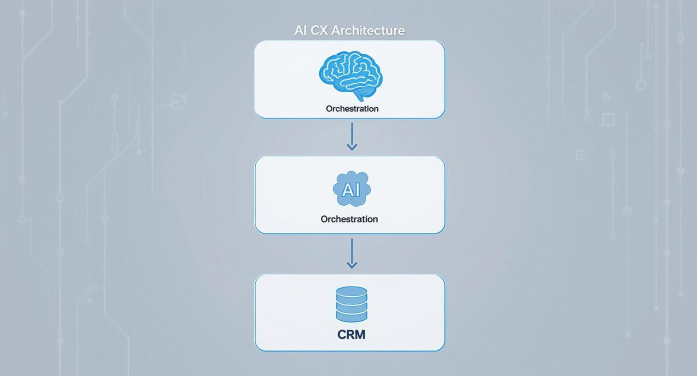 A diagram of AI CX Architecture showing orchestration layers from brain to AI, connecting to CRM.