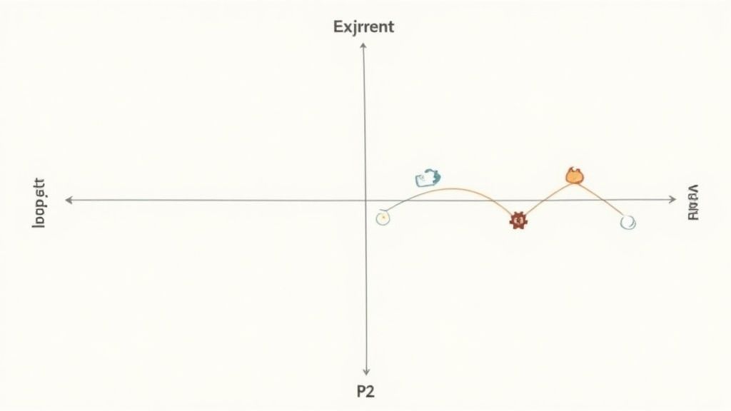 Diagram showing a wavy process path with icons on a coordinate system, labeled 'Exjrrrent' and 'FILO BA'.