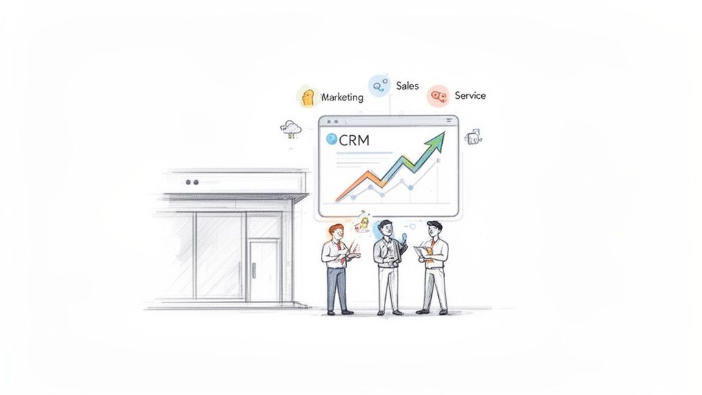 Illustration of three business people discussing CRM software with a rising growth chart and integrated marketing, sales, and service.