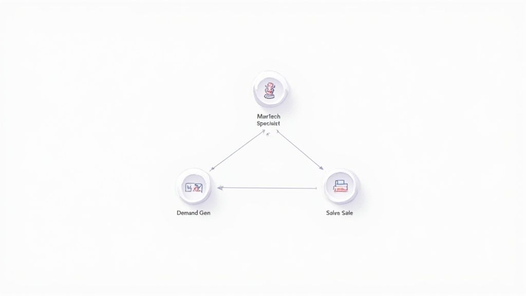 A diagram showing a triangle of MarTech Specialist, Demand Gen, and Solve Sale roles with connecting arrows.