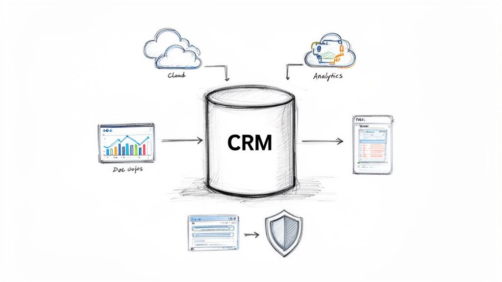 Diagram depicting CRM as a central hub for cloud data, analytics, various sources, mobile access, and security.