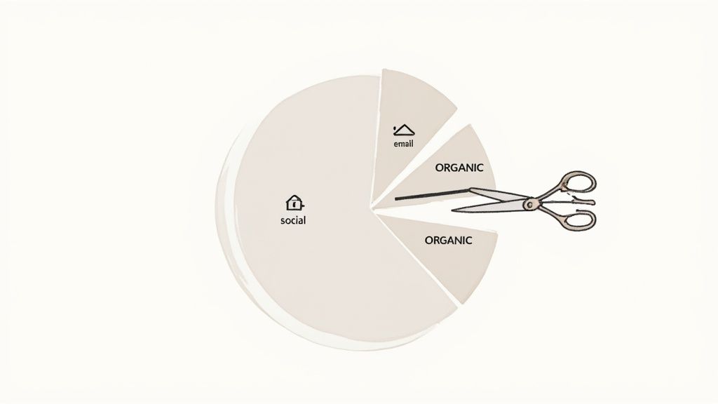 Pie chart illustrating social, email, and organic sources, with scissors cutting a segment.