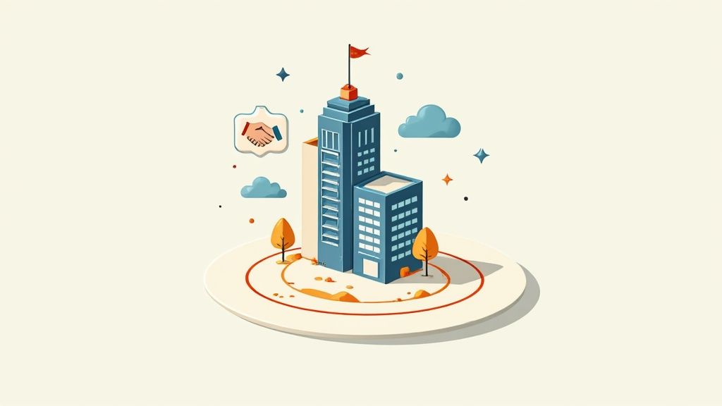 Isometric illustration of business buildings on a plate with a handshake icon, symbolizing growth and partnership.