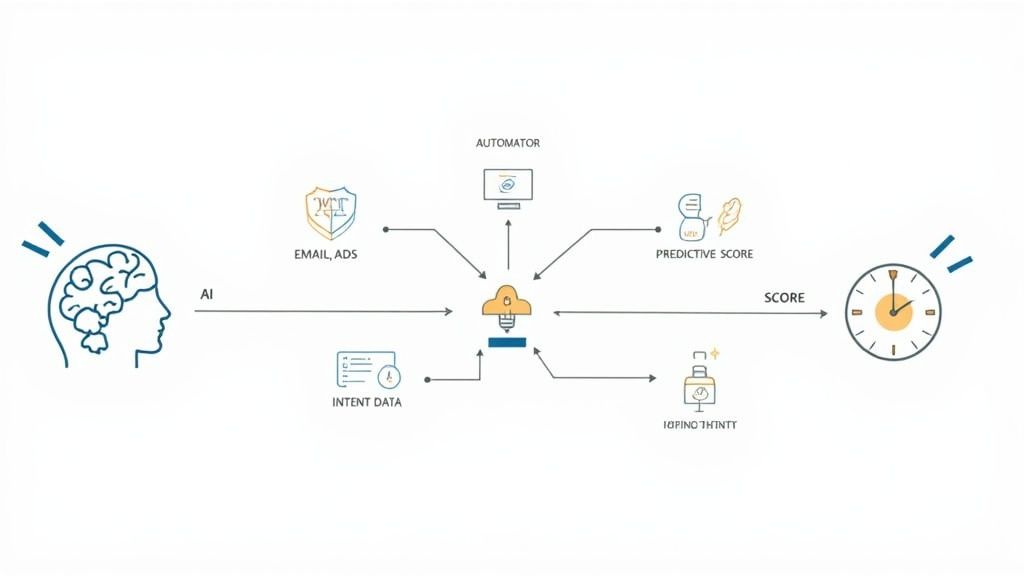 AI-powered system diagram showing data inputs for demand generation and scoring over time.