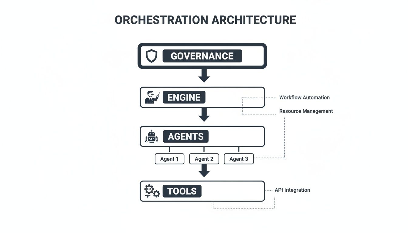 A technical diagram illustrating an orchestration architecture flow, including governance, engine, agents, and tools.