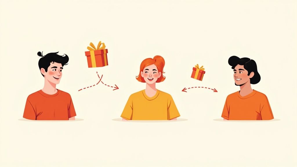 Three smiling people exchanging gifts with arrows, illustrating a customer referral process.