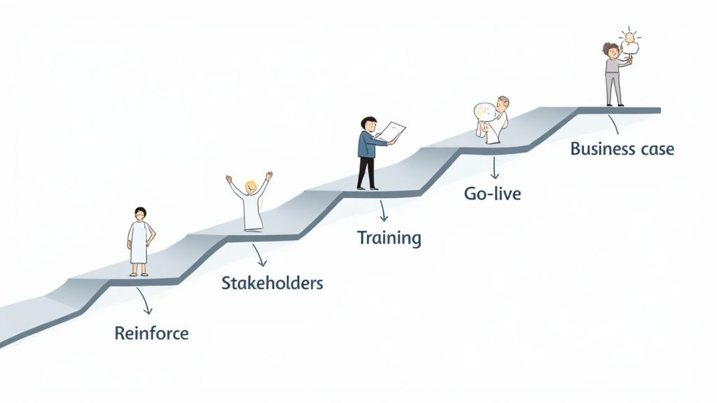 Illustrated steps of a change management process, including business case, go-live, training, stakeholders, and reinforce.