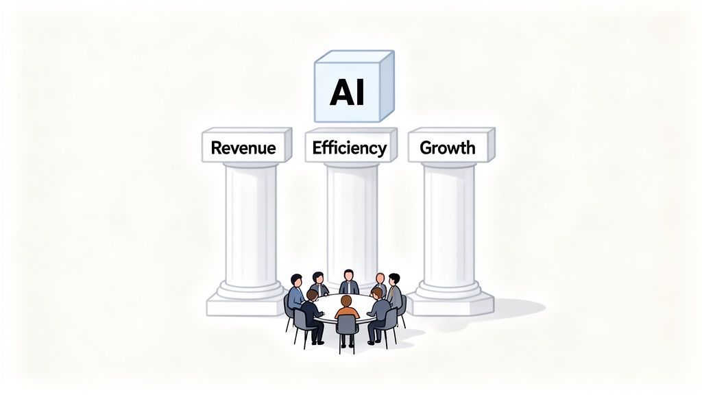 Illustration of AI driving revenue, efficiency, and growth, with a business team discussing strategy.