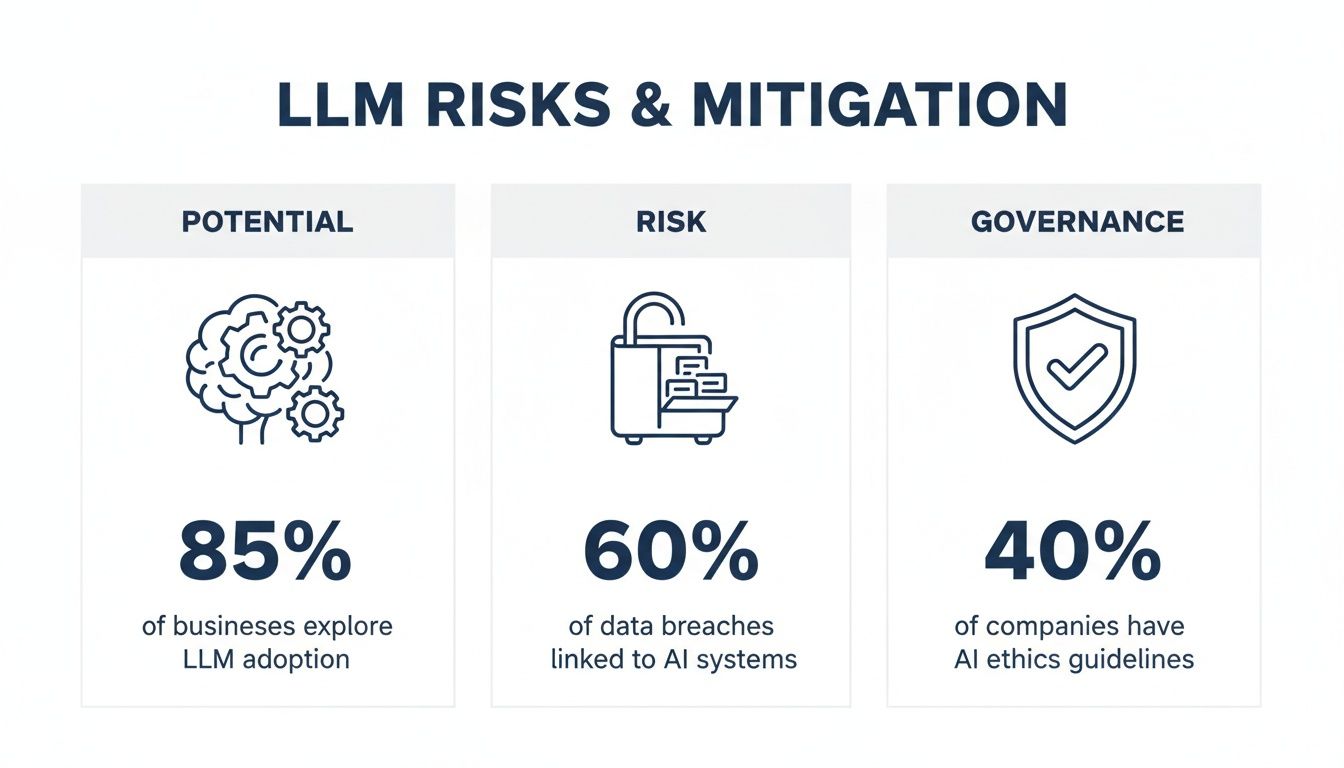 Infographic on LLM risks and mitigation, showing potential adoption, data breach risks, and governance guidelines.