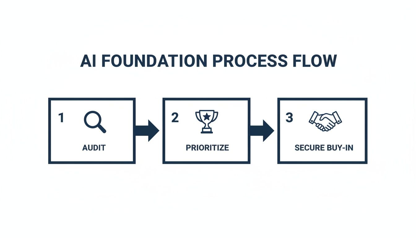 AI foundation process flow outlining three steps: Audit, Prioritize, and Secure Buy-In with icons.