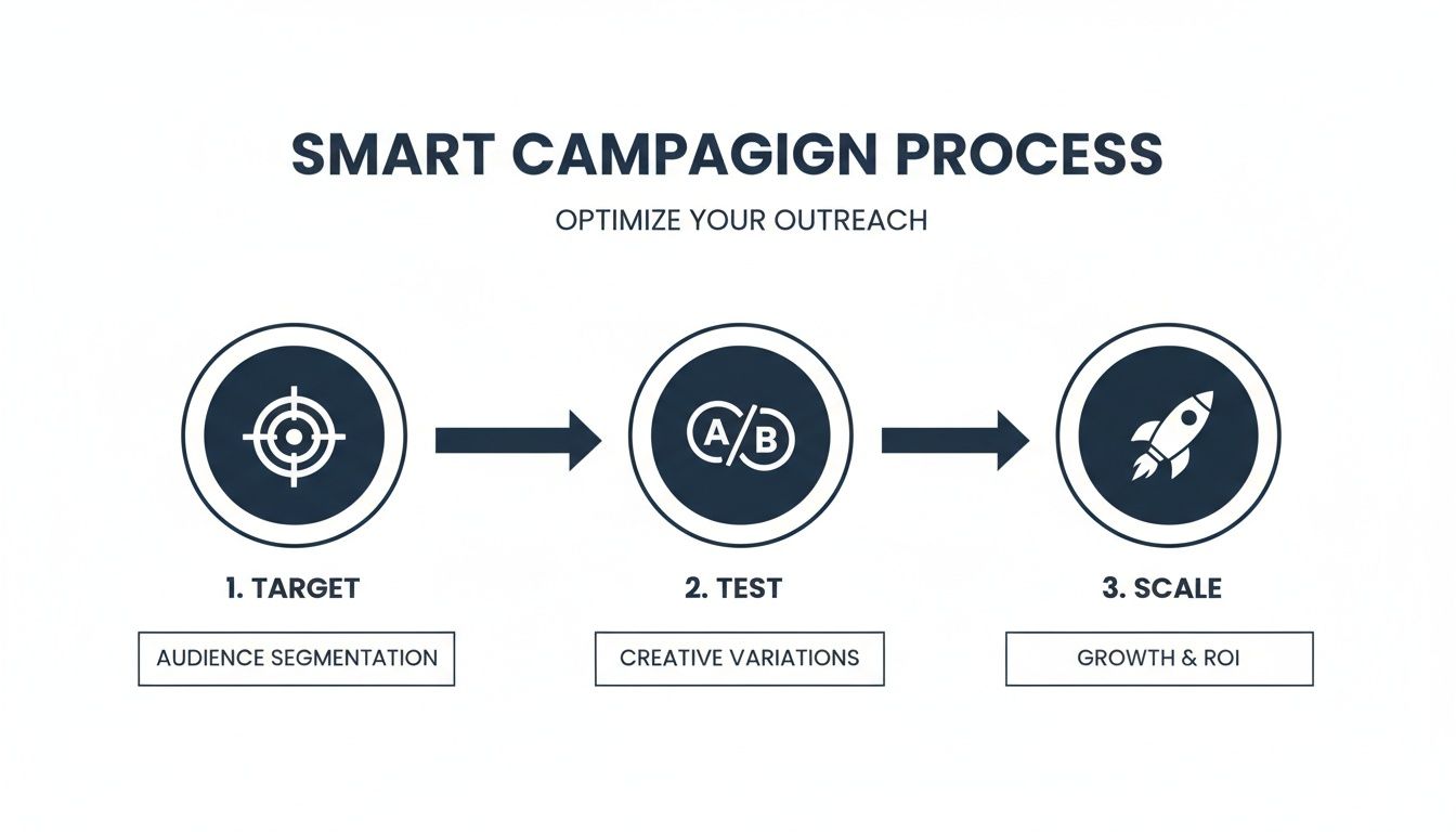 A diagram illustrating a three-step smart campaign process: Target, Test, and Scale for optimized outreach.
