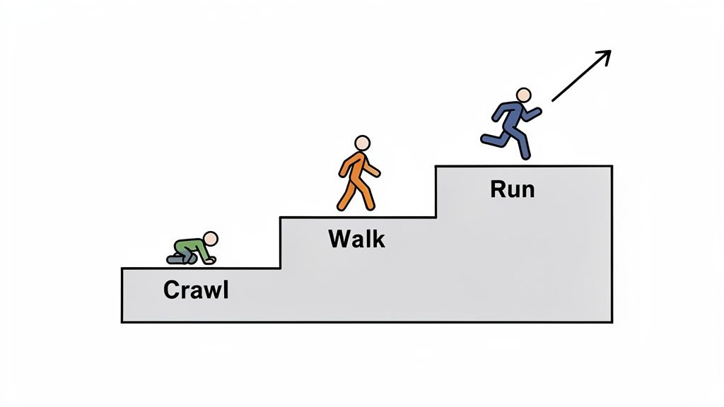 An illustration showing three stick figures on steps: crawling, walking, and running, symbolizing progression.