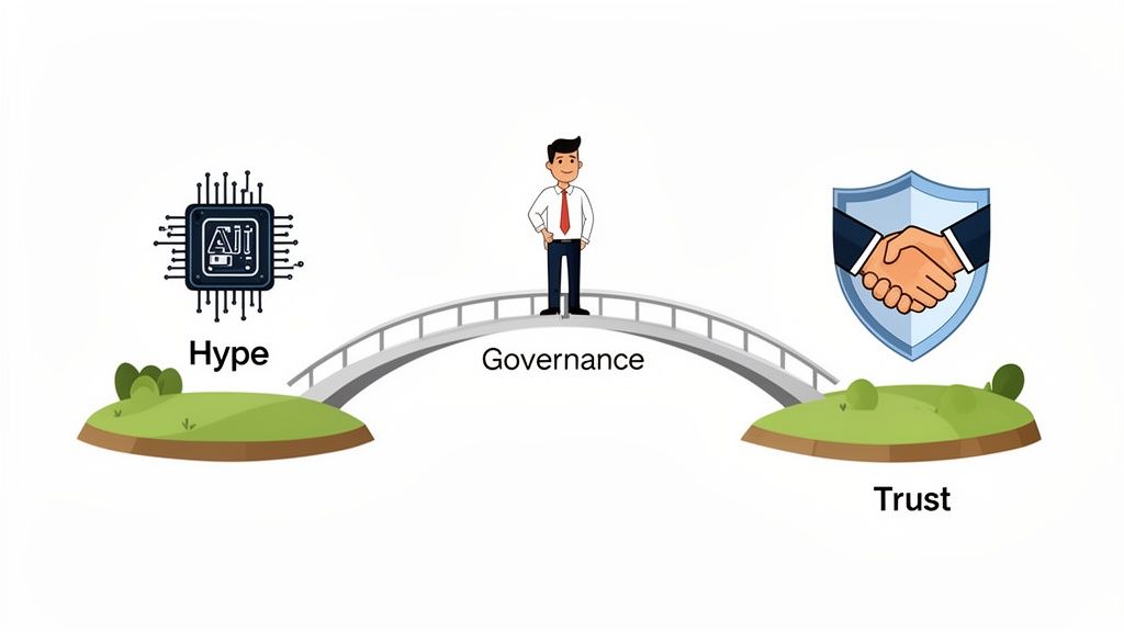 Illustration of governance as a bridge connecting AI hype represented by a chip to trust represented by a handshake shield.
