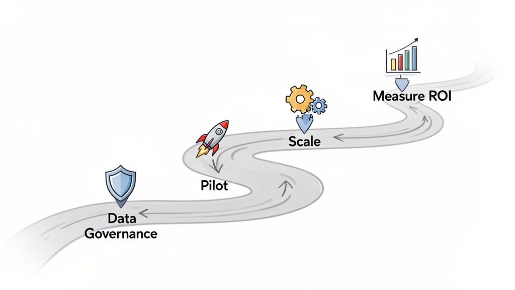 Illustrated roadmap showing four stages of AI maturity: Data Governance, Pilot, Scale, and Measure ROI.
