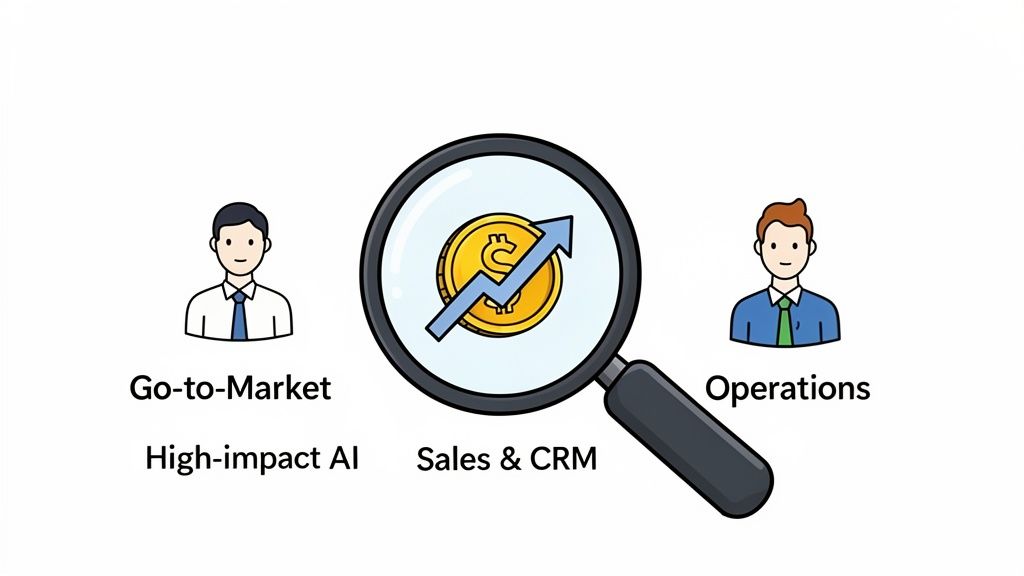 Business strategy illustration: two people, magnifying glass over growing money, Go-to-Market, AI, Sales & CRM, Operations.