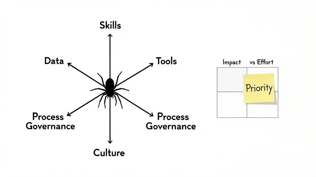 A spider diagram showing six interconnected elements: Skills, Data, Tools, Process Governance, and Culture. Beside it, an Impact vs Effort priority matrix.