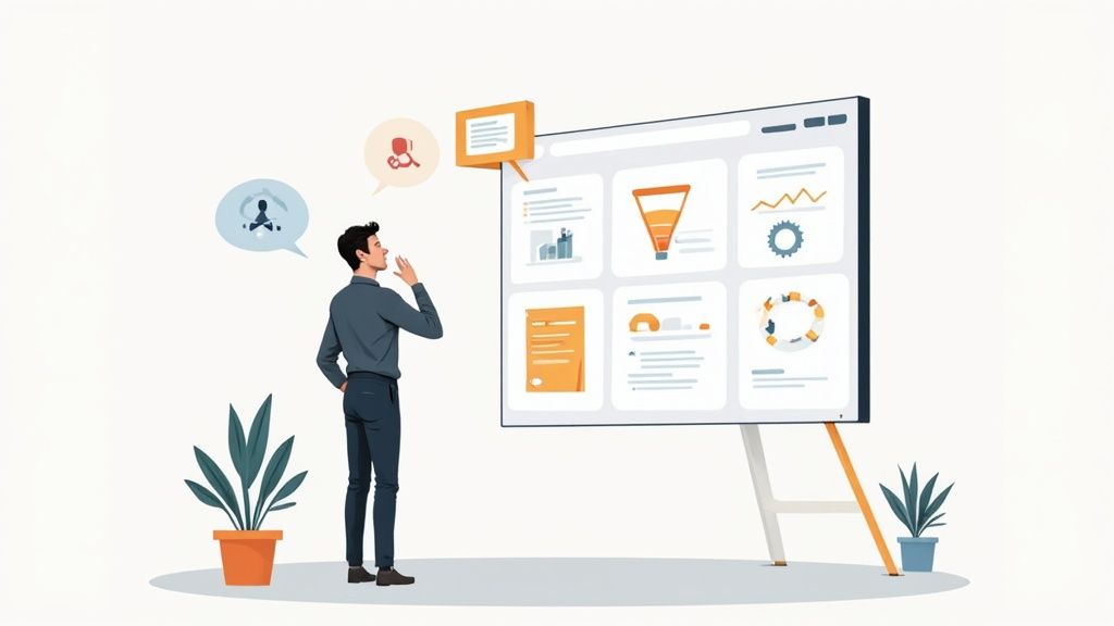 Business professional analyzing CRM dashboard with charts, funnel, and workflow diagrams on display board