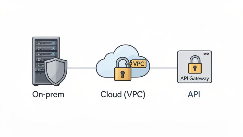 An architectural diagram illustrating a secure hybrid cloud setup with on-prem, VPC, and API.